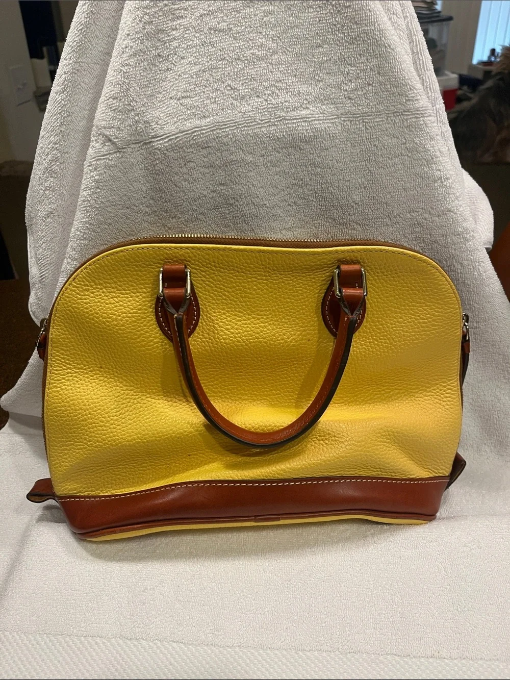 Dooney & Bourke Yellow Leather Satchel with Brown Trim and Handles